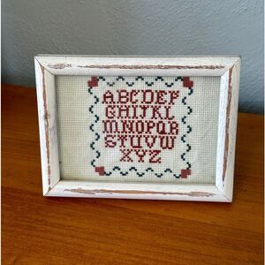 Completed Alphabet Sampler Cross Stitch 4 x 6 Vintage with newer frame